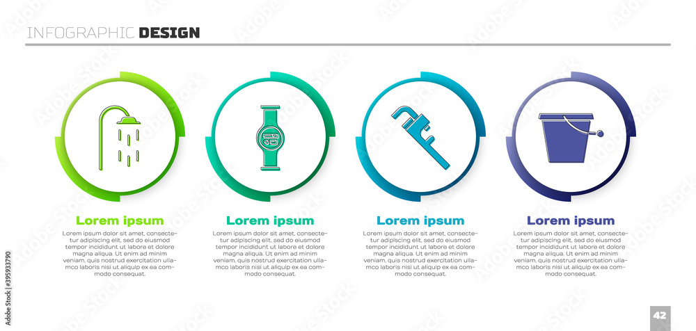 套装淋浴器、水表、管道活动扳手和水桶。商业信息图模板。矢量。
