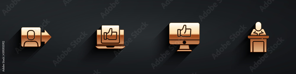 Set Team leader, Hand like, and Speaker icon with long shadow. Vector.