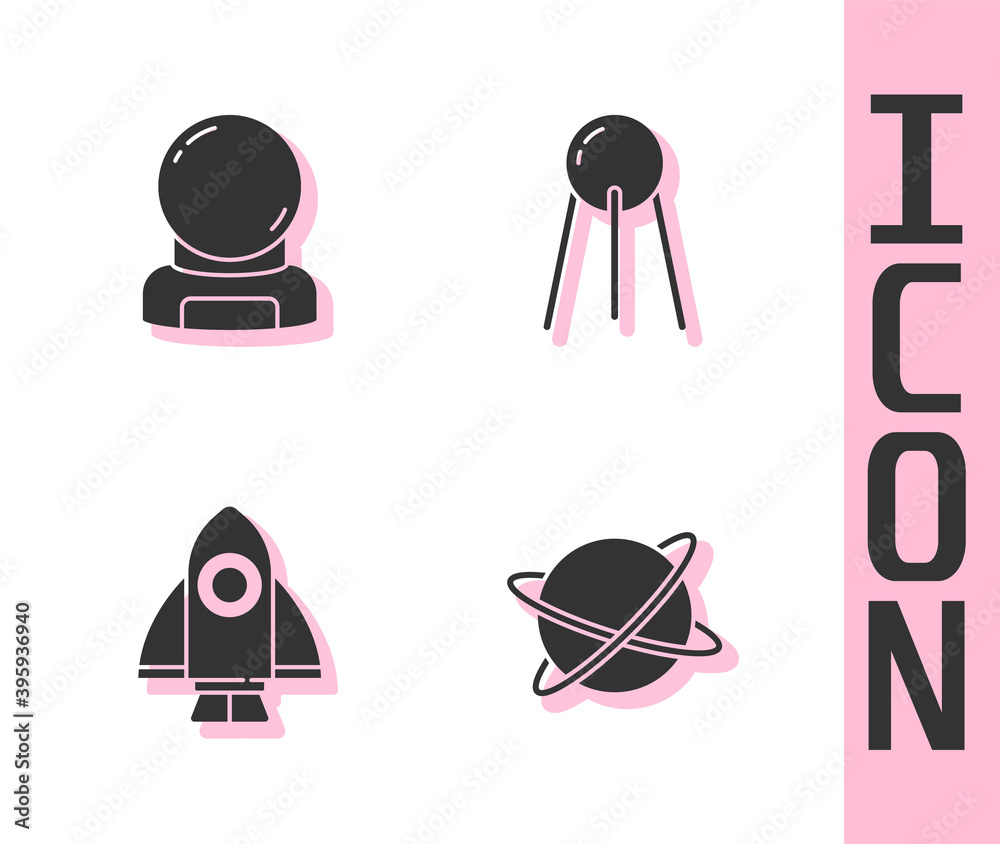 Set Satellites orbiting the planet, Astronaut helmet, Rocket ship and icon. Vector.