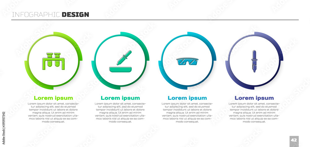 设置试管和烧瓶、移液管、实验室眼镜和。商业信息图模板。矢量。