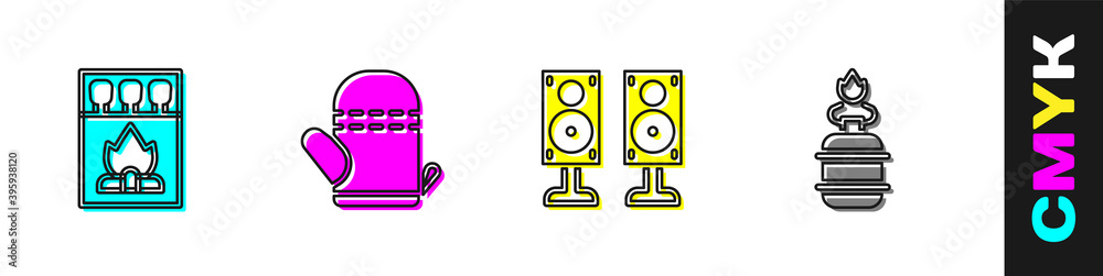 设置火柴盒和火柴、烤箱手套、立体声扬声器和露营燃气炉图标。矢量。