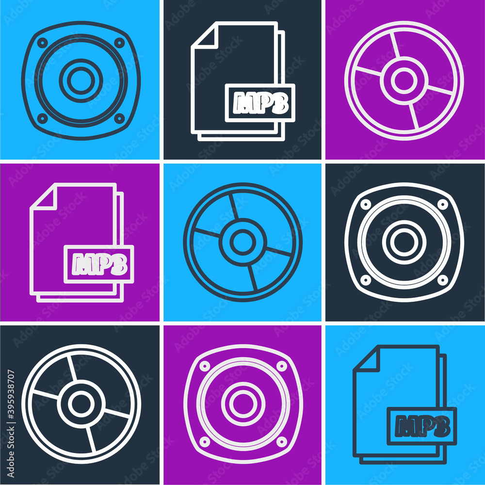 Set line Stereo speaker, CD or DVD disk and MP3 file document icon. Vector.