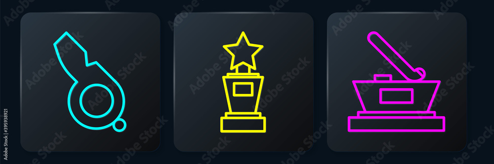 Set line Whistle, Ice hockey cup champion and Award cup. Black square button. Vector.