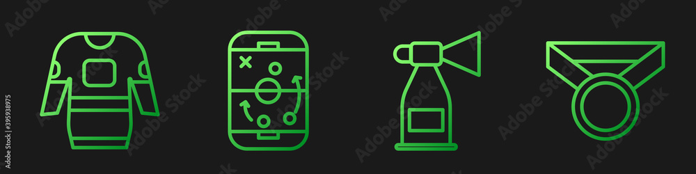 设定线空气喇叭，冰球球衣，规划策略和奖章。渐变色图标。矢量。