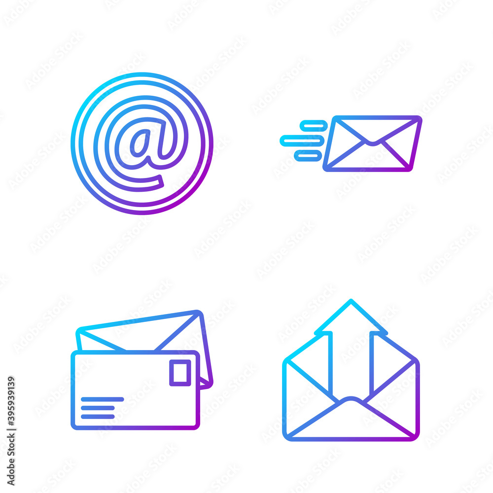 Set line Outgoing mail, Envelope, Mail and e-mail and Express envelope. Gradient color icons. Vector