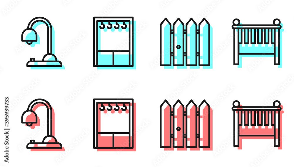 设置线花园围栏木制，台灯，衣柜和婴儿床摇篮床图标。矢量。