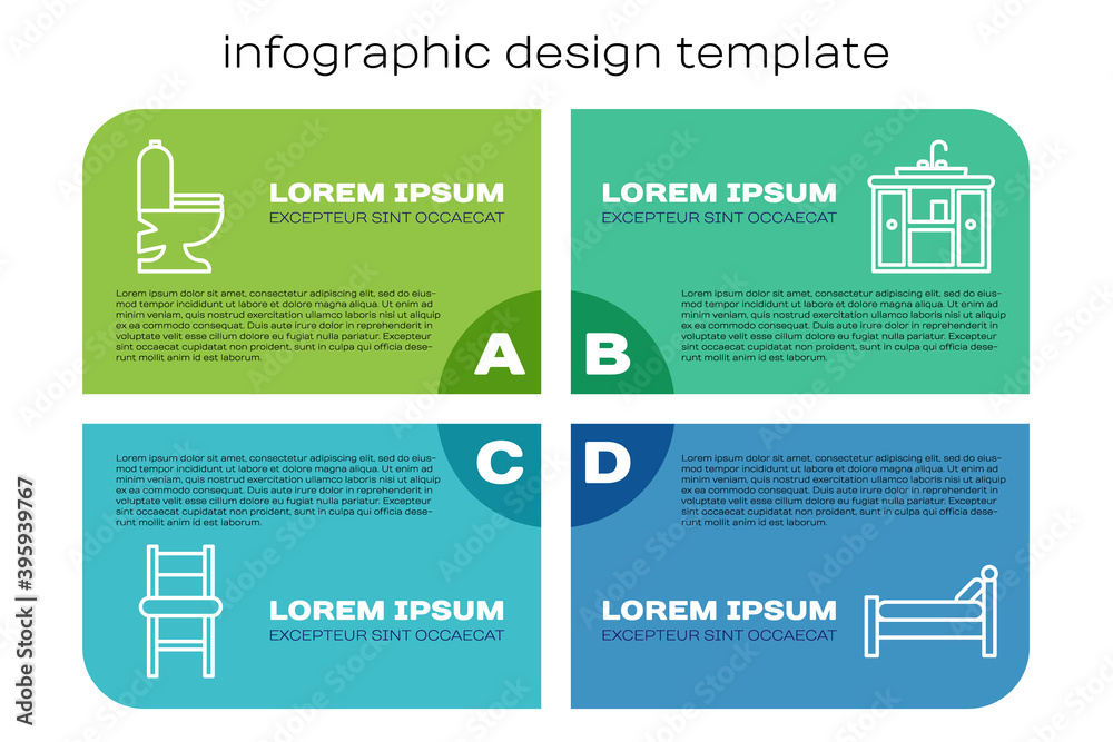 带水龙头的成套椅子、抽水马桶、床和洗手盆柜。商业信息图模板。Vect
