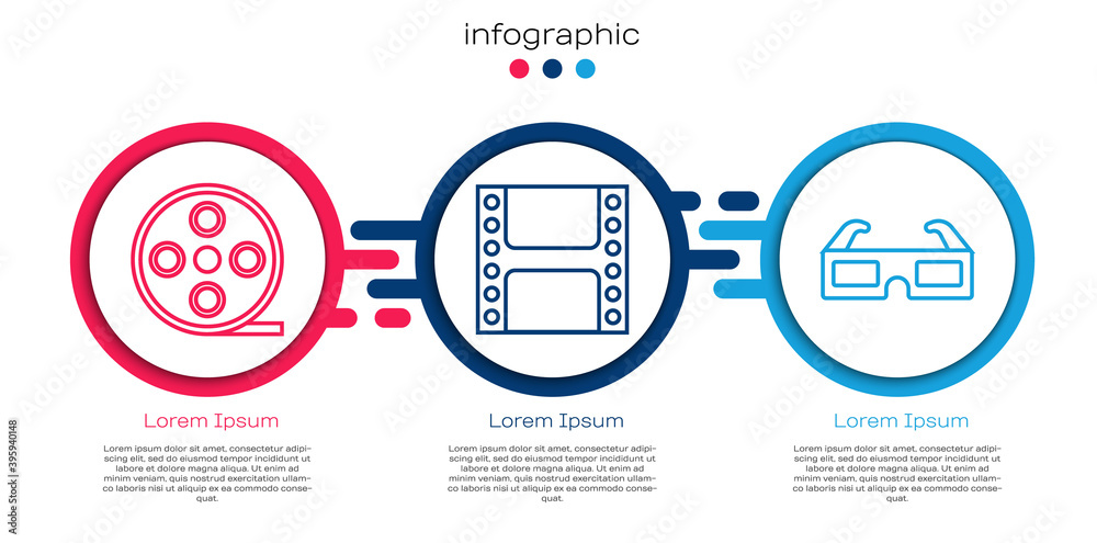 Set line Film reel, Play Video and 3D cinema glasses. Business infographic template. Vector.