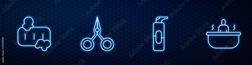 Set line Spray can for hairspray, Bar of soap with foam, Scissors and Bathtub. Glowing neon icon on 