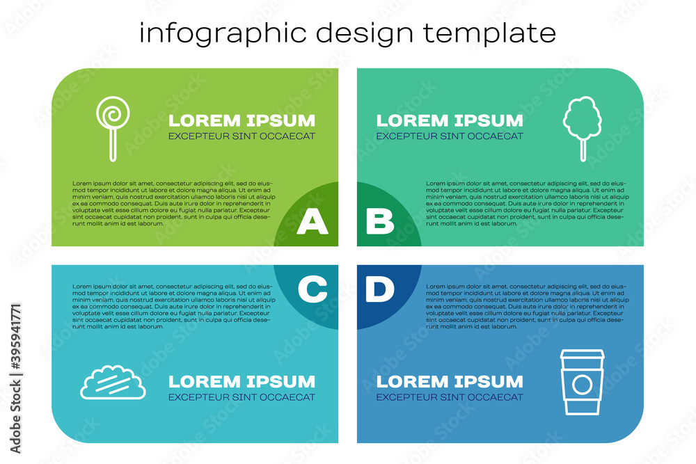 墨西哥玉米饼、棒棒糖、咖啡杯和棉花糖。商业信息图模板