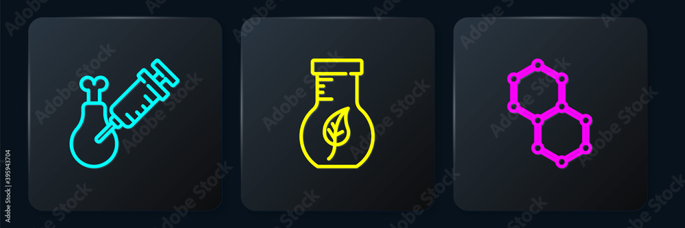 Set line Gmo research chicken，Chemical formula and Test tube and flask。Black square button.Vector（设线