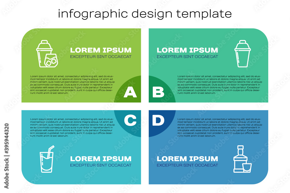 设置鸡尾酒、摇壶、威士忌瓶和玻璃杯以及。商业信息图模板。矢量。