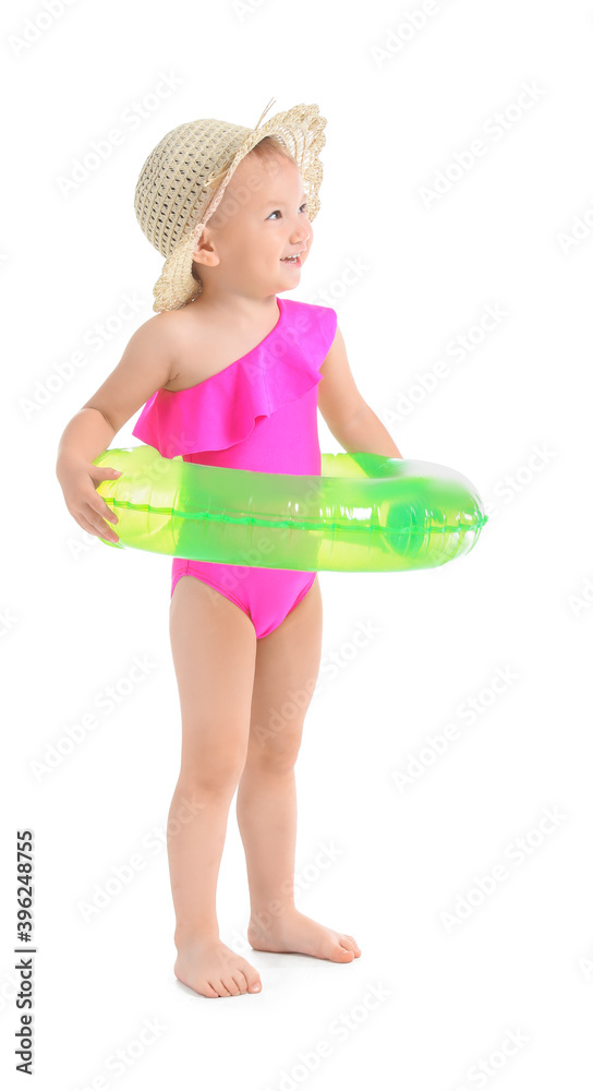 Cute baby girl with inflatable ring on white background