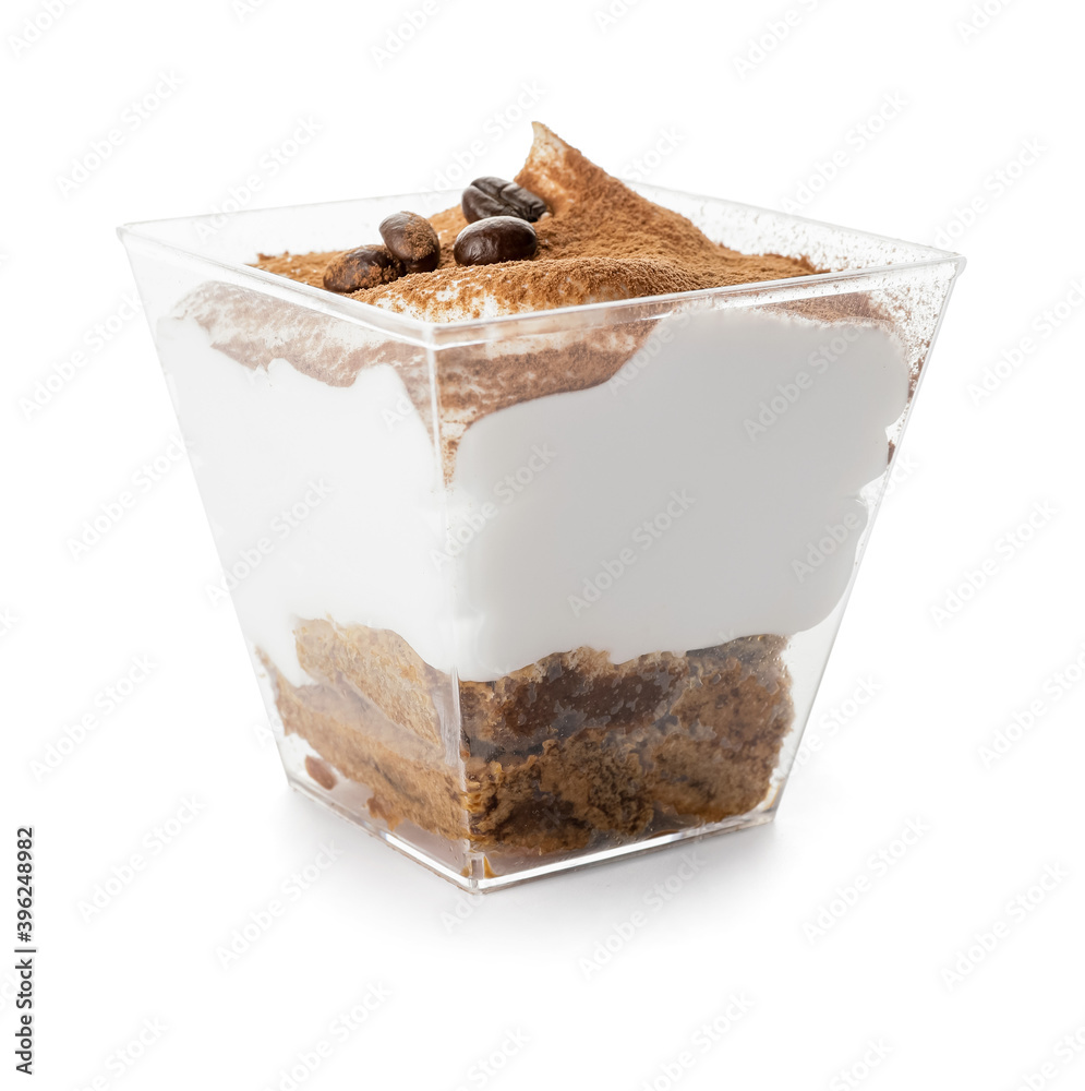 Sweet tasty tiramisu on white background