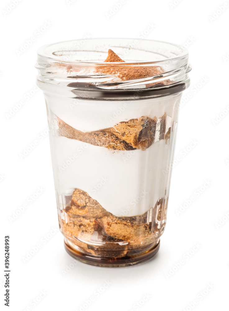 Sweet tasty tiramisu on white background