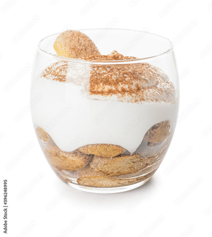 Sweet tasty tiramisu on white background