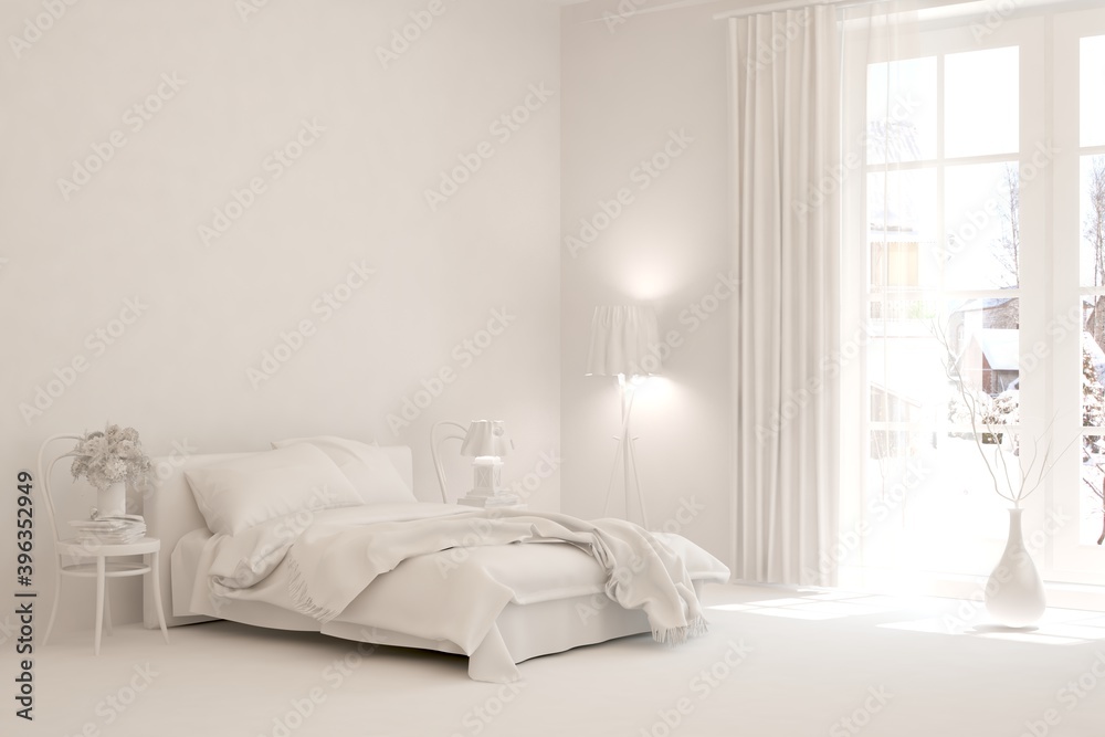 Modern bedroom in white color. Scandinavian interior design. 3D illustration