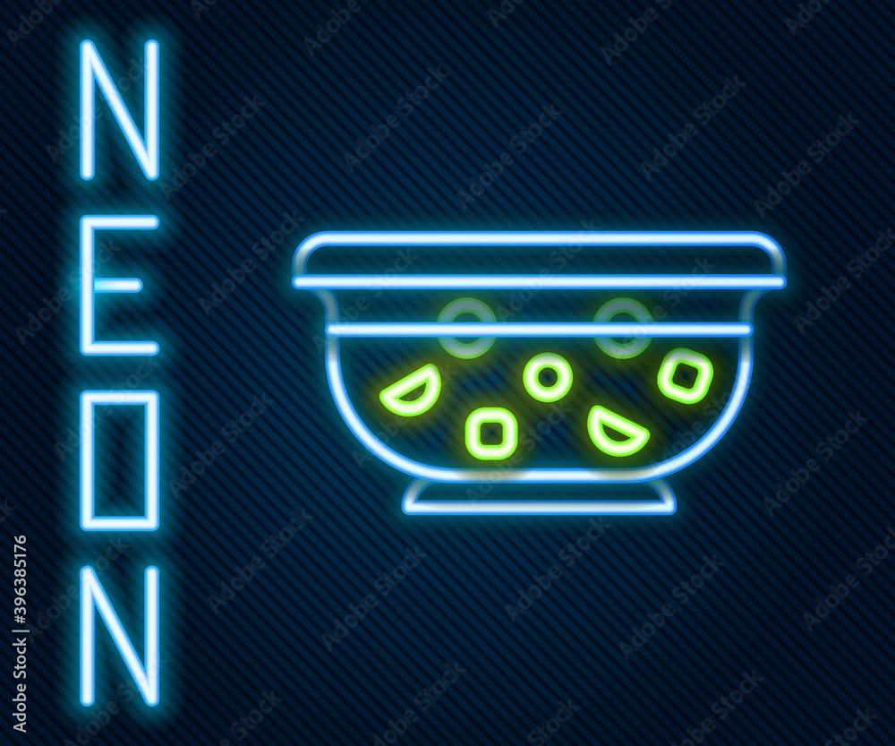 Glowing neon line Mixed punch with fresh fruits in bowl icon isolated on black background. Colorful 