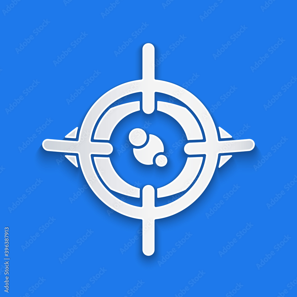 Paper cut Eye scan icon isolated on blue background. Scanning eye. Security check symbol. Cyber eye 