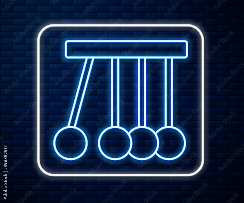 在砖墙背景上隔离的发光霓虹线钟摆图标。牛顿摇篮。矢量。