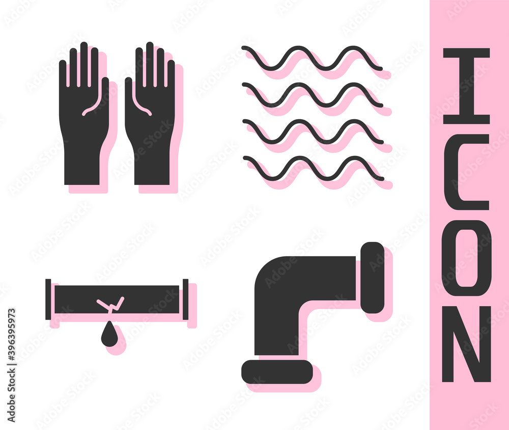 Set Industry metallic pipe, Rubber gloves, Broken pipe with leaking water and Wave icon. Vector.