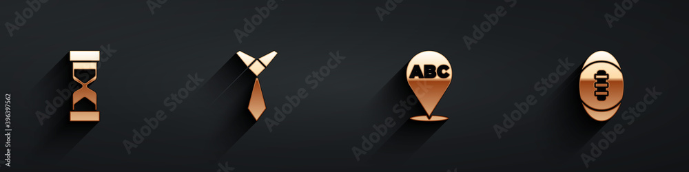 Set Old hourglass with sand, Tie, Alphabet and American Football ball icon with long shadow. Vector.