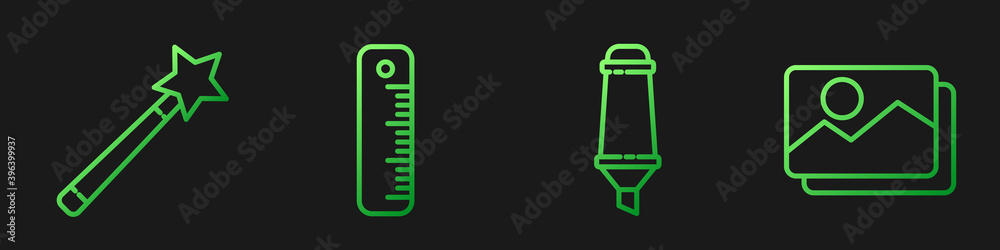 Set line Marker pen, Magic wand, Ruler and Picture landscape. Gradient color icons. Vector.