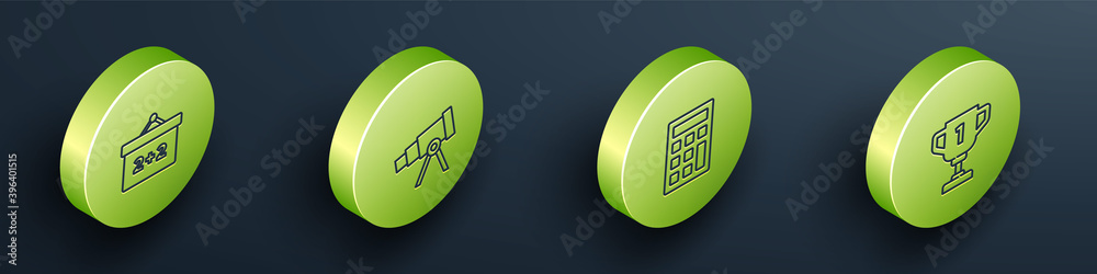 Set Isometric Chalkboard, Telescope, Calculator and Award cup icon. Vector.