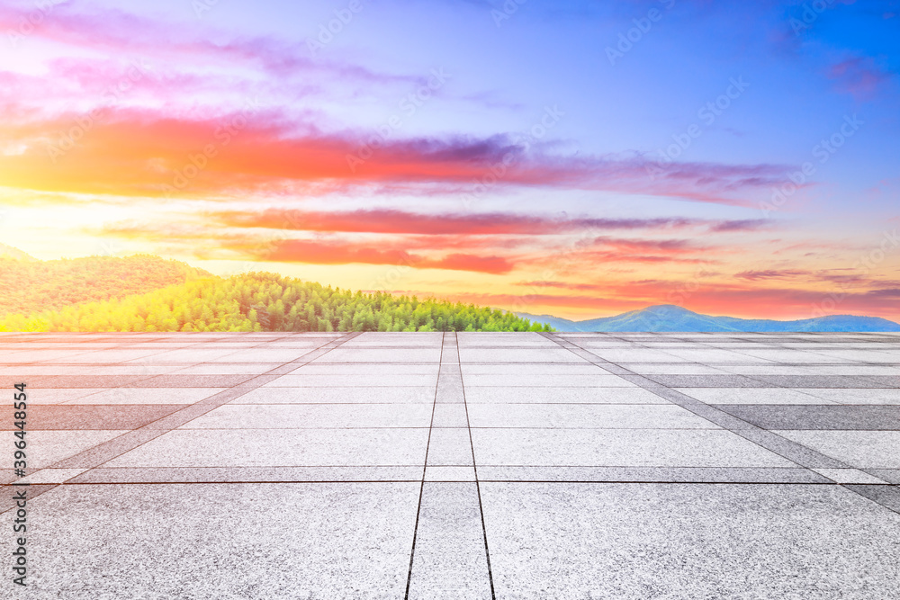 Empty square floor and green tea plantation with bamboo forest natural landscape.