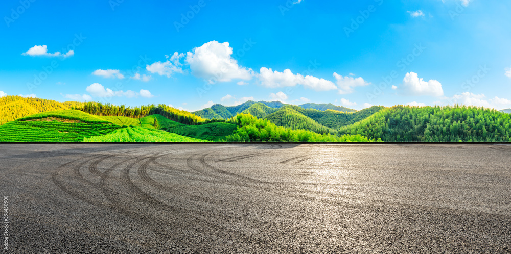 Asphalt road and green mountain with tea plantations natural landscape.