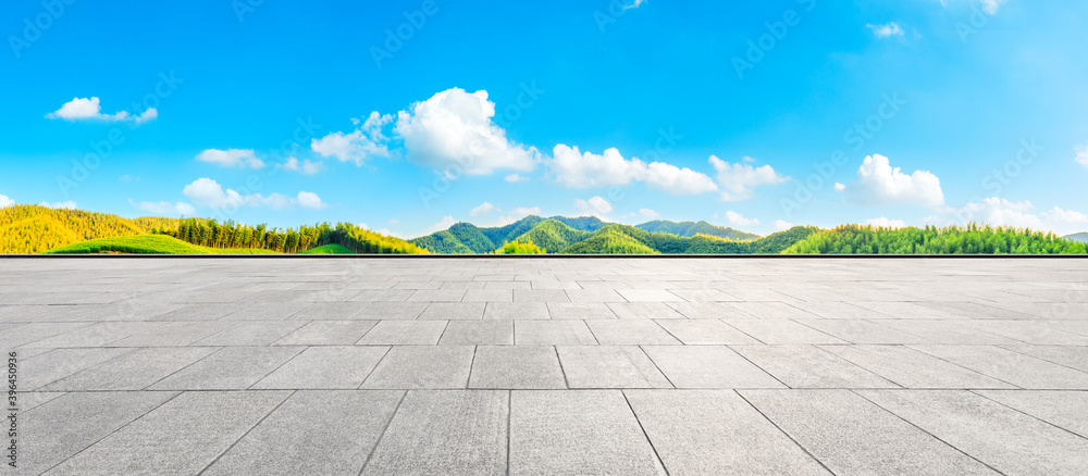 Empty square floor and green mountain with bamboo forest natural landscape.