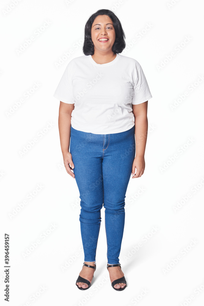 Womens white t-shirt and jeans size inclusive fashion studio shot