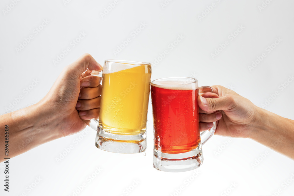 Men toasting with beer on white background