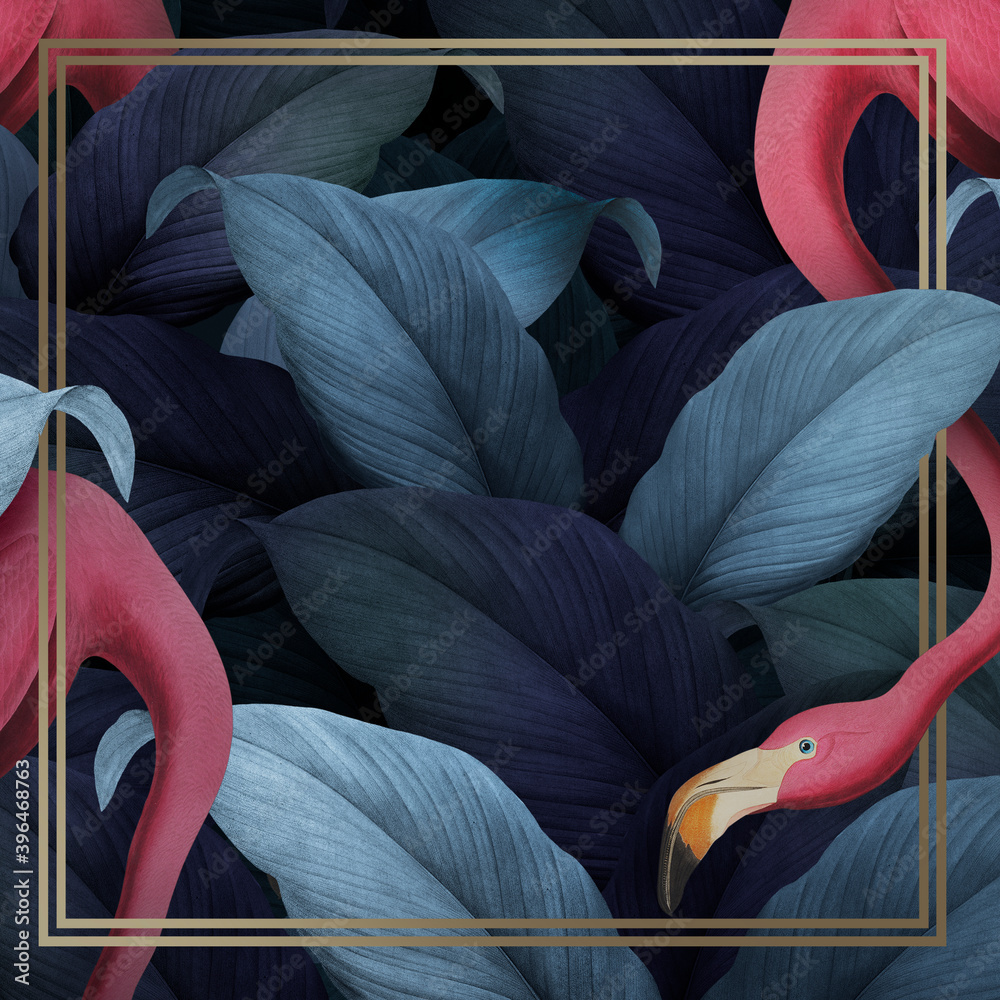 Tropical flamingo on a square golden frame