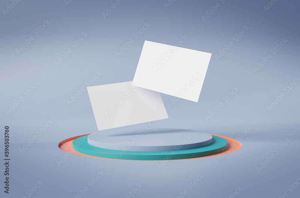 Floating business cards on stage podium Mockup. Template of international calling cards on pedestral