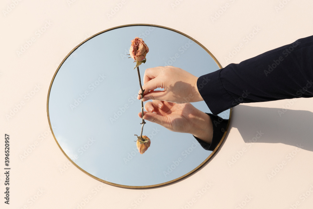 Dried pink rose in a the middle of a tray