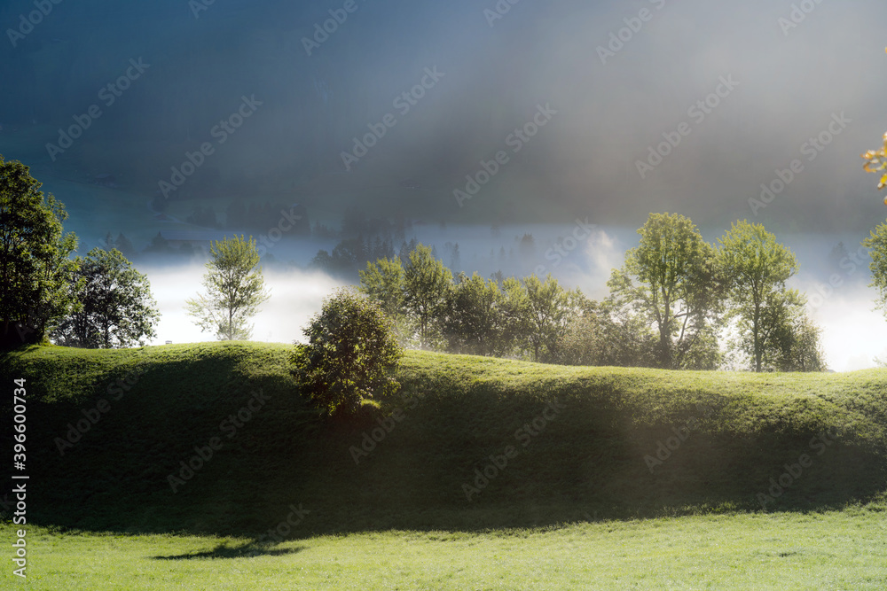 Nebel am Morgen über Feld, Wiese und Wald. Sonnenaufgang, Landschaft mit Bodennebel.