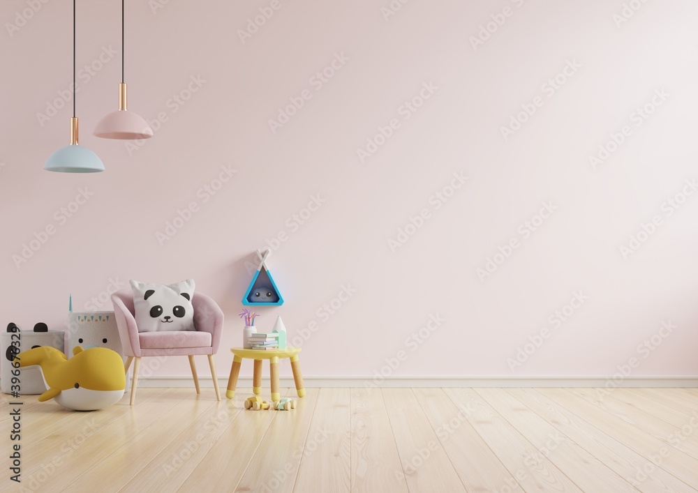 Mock up wall in the childrens room in light pink color wall background.