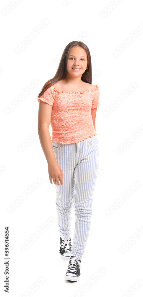 Cute teenage girl on white background