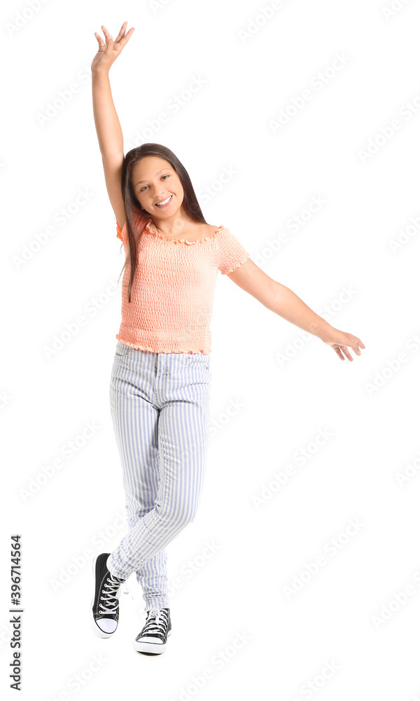 Cute teenage girl on white background