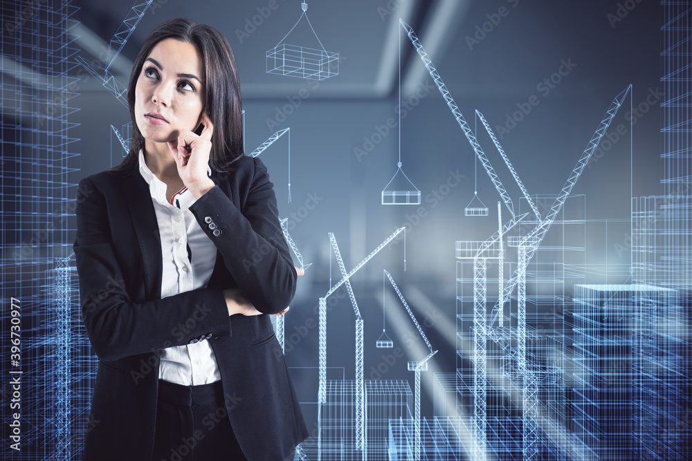 Businesswoman contemplating the drawing of the new construction project, development concept