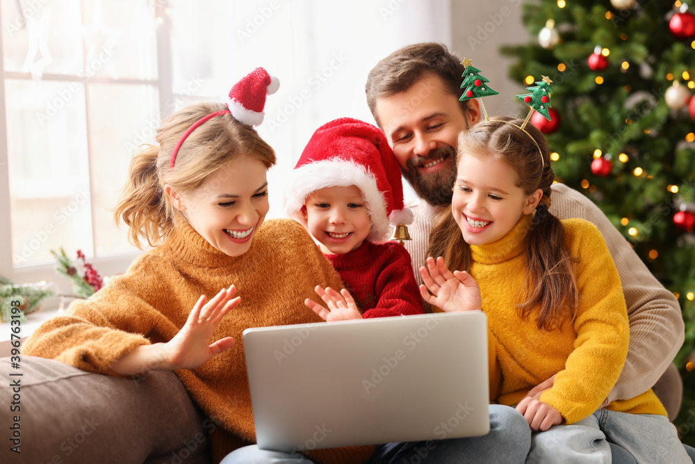 happy family makes a video call on Christmas holiday.