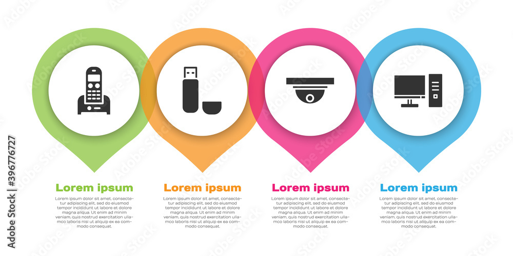 设置电话、U盘、运动传感器和计算机显示器。商业信息图模板.V
