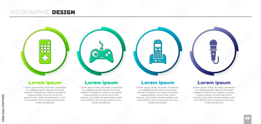 设置遥控器、游戏板、电话和麦克风。业务信息图形模板。矢量。