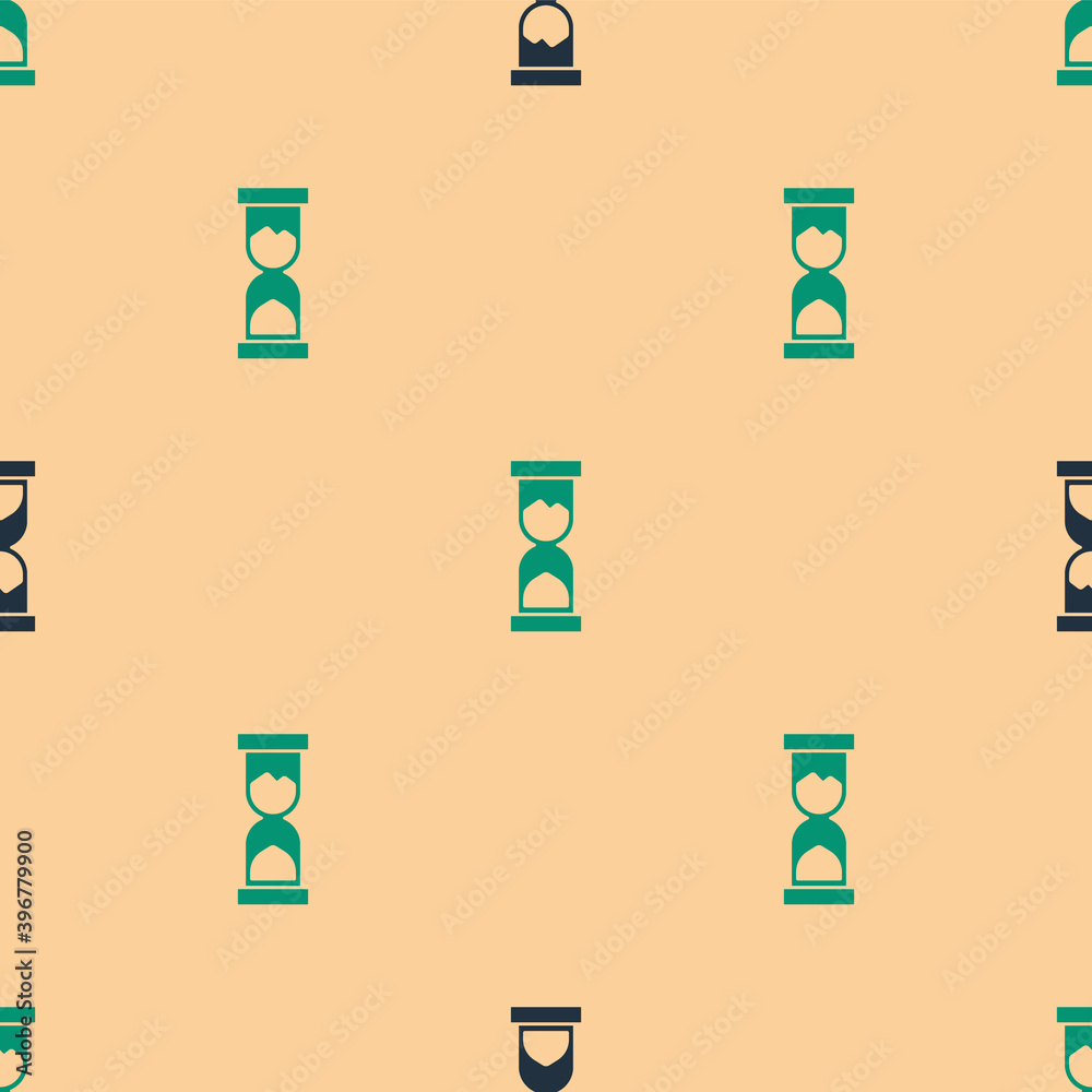 Green and black Old hourglass with flowing sand icon isolated seamless pattern on beige background. 