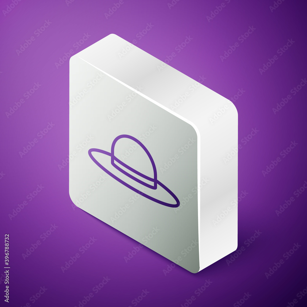 Isometric line Elegant women hat icon isolated on purple background. Silver square button. Vector Il