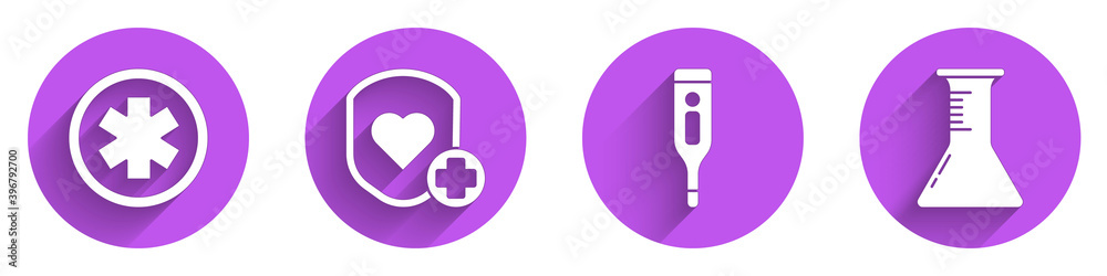 Set Medical symbol of the Emergency, Shield and heart rate, Medical digital thermometer and Test tub