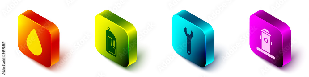 Set Isometric Water drop, Container with drain cleaner, Wrench spanner and Fire hydrant icon. Vector