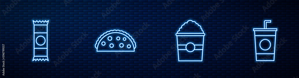 盒装爆米花、巧克力棒、墨西哥玉米饼和纸玻璃吸管。闪亮的霓虹灯图标