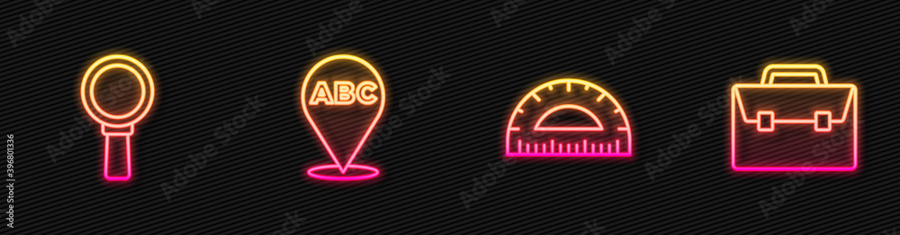 Set line Protractor，Magnifying glass，Alphabet and Briefcase。Glowing霓虹灯图标。Vector。